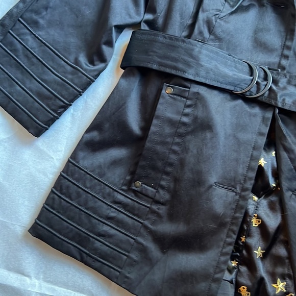 Guess Jeans women’s black satiny fur hooded belted hip length jacket szL - Picture 5 of 12